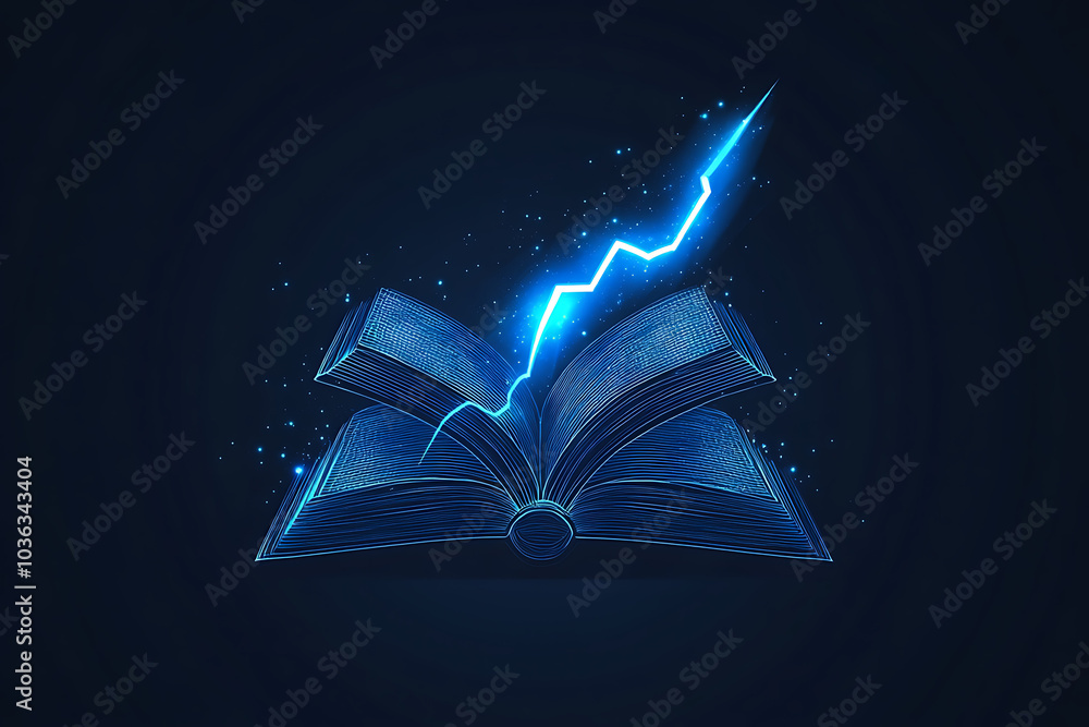 Poster open book in wireframe style with electric blue lightning on a dark blue background, creating a dyna