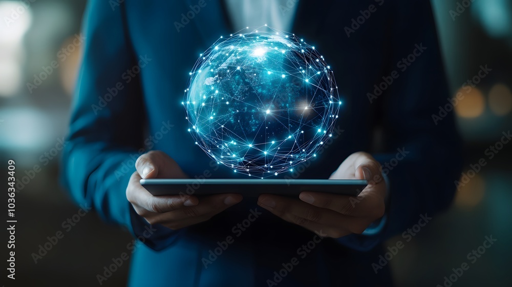 Poster man holding virtual globe with marketing network connecting icons on tablet. innovation technology d