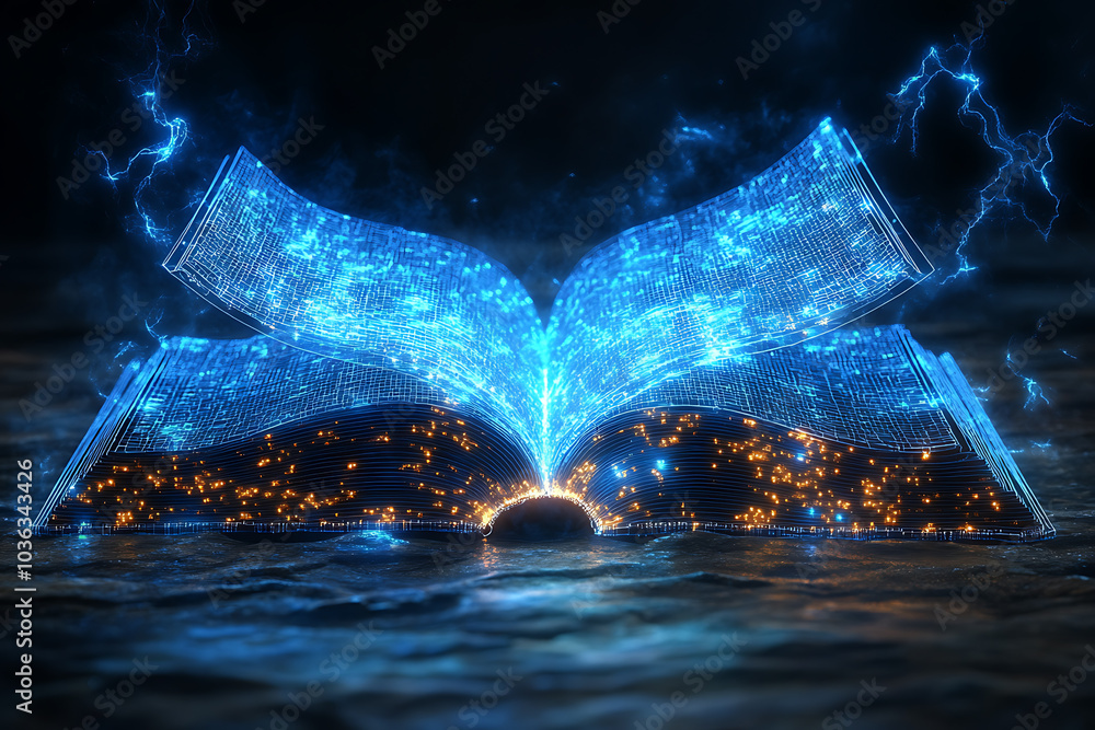 Poster open book in wireframe style with electric blue lightning on a dark blue background, creating a dyna