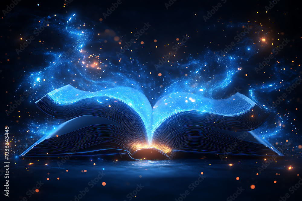 Poster open book in wireframe style with electric blue lightning on a dark blue background, creating a dyna