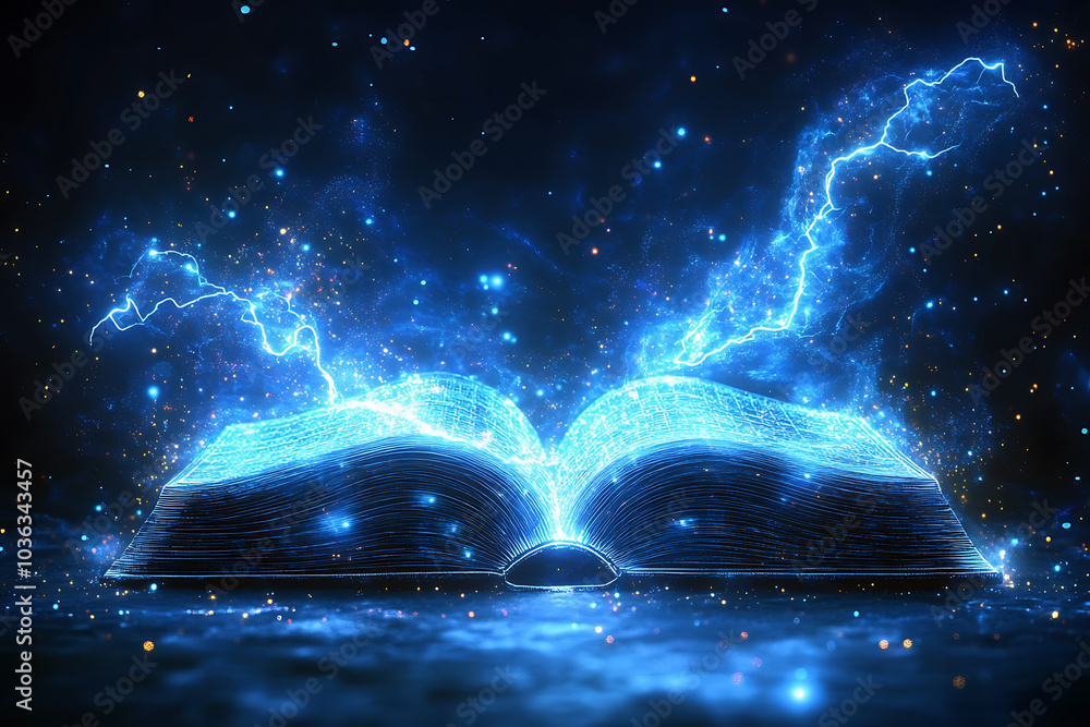Poster open book in wireframe style with electric blue lightning on a dark blue background, creating a dyna