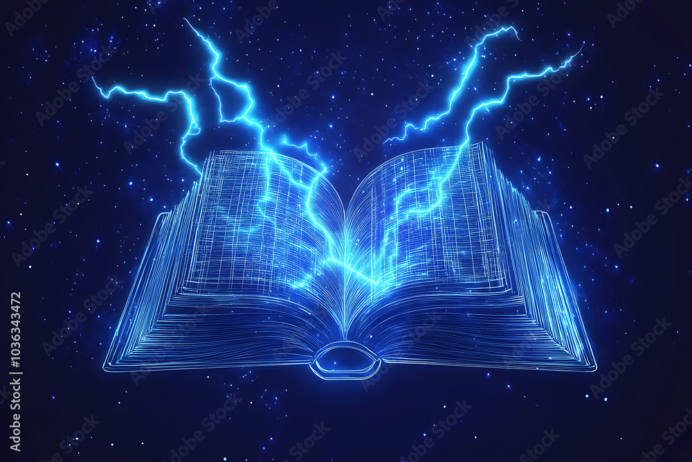 Poster open book in wireframe style with electric blue lightning on a dark blue background, creating a dyna