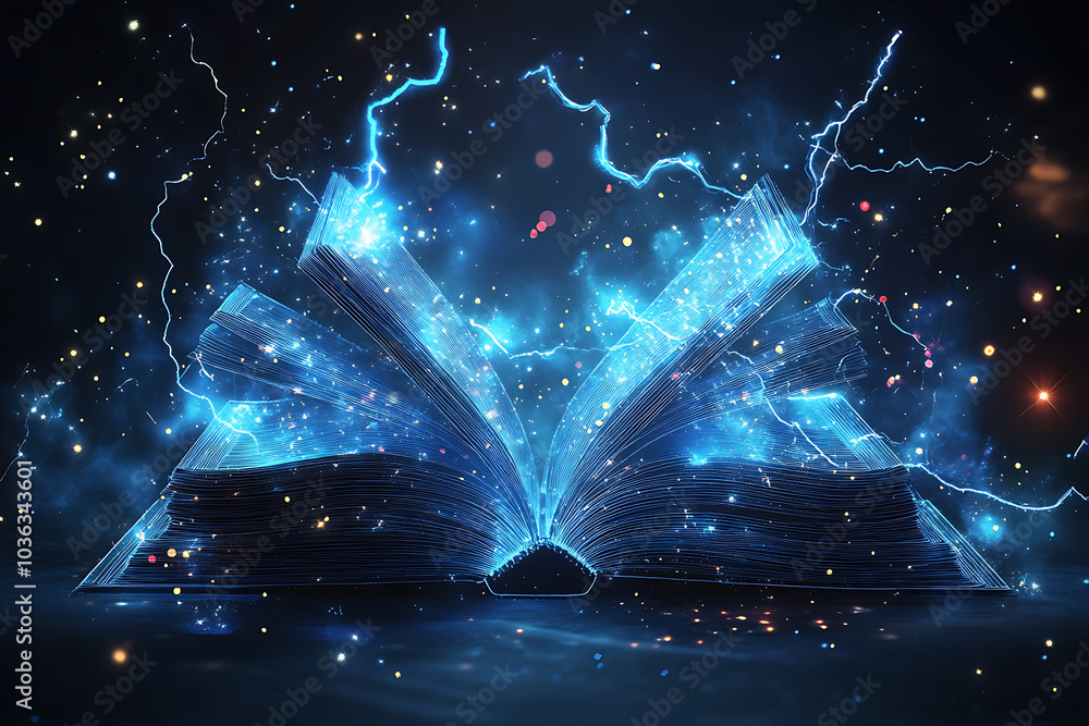 Poster open book in wireframe style with electric blue lightning on a dark blue background, creating a dyna