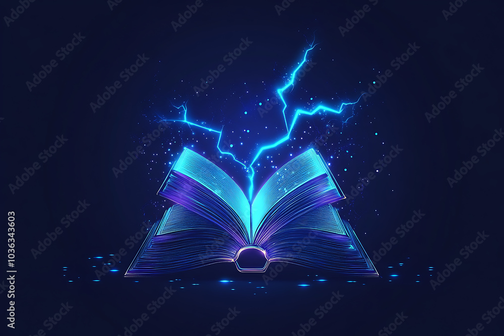 Poster open book in wireframe style with electric blue lightning on a dark blue background, creating a dyna
