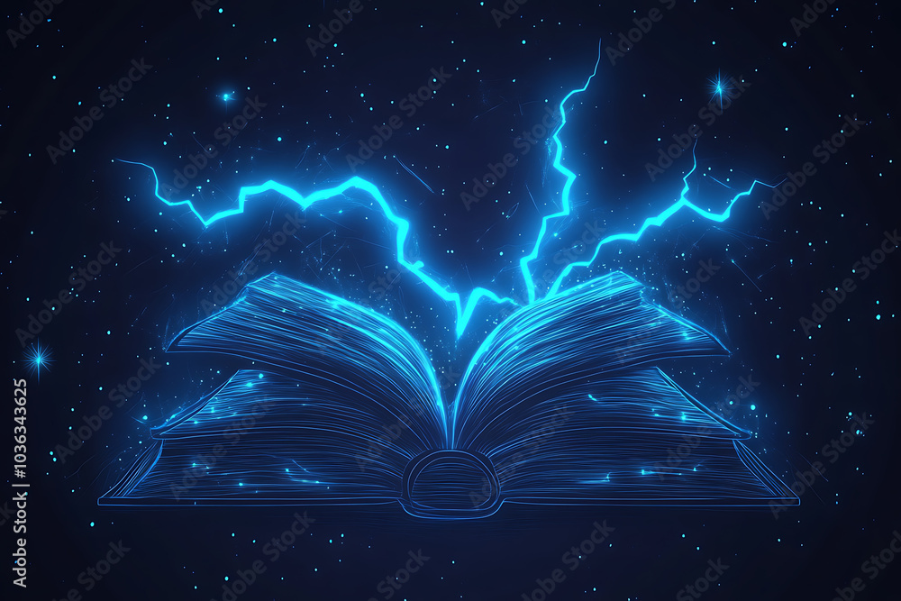 Poster open book in wireframe style with electric blue lightning on a dark blue background, creating a dyna