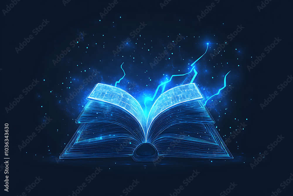 Poster open book in wireframe style with electric blue lightning on a dark blue background, creating a dyna