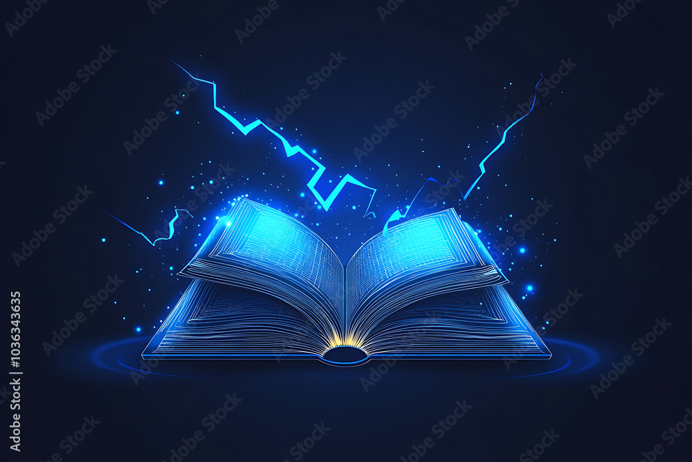 Poster open book in wireframe style with electric blue lightning on a dark blue background, creating a dyna