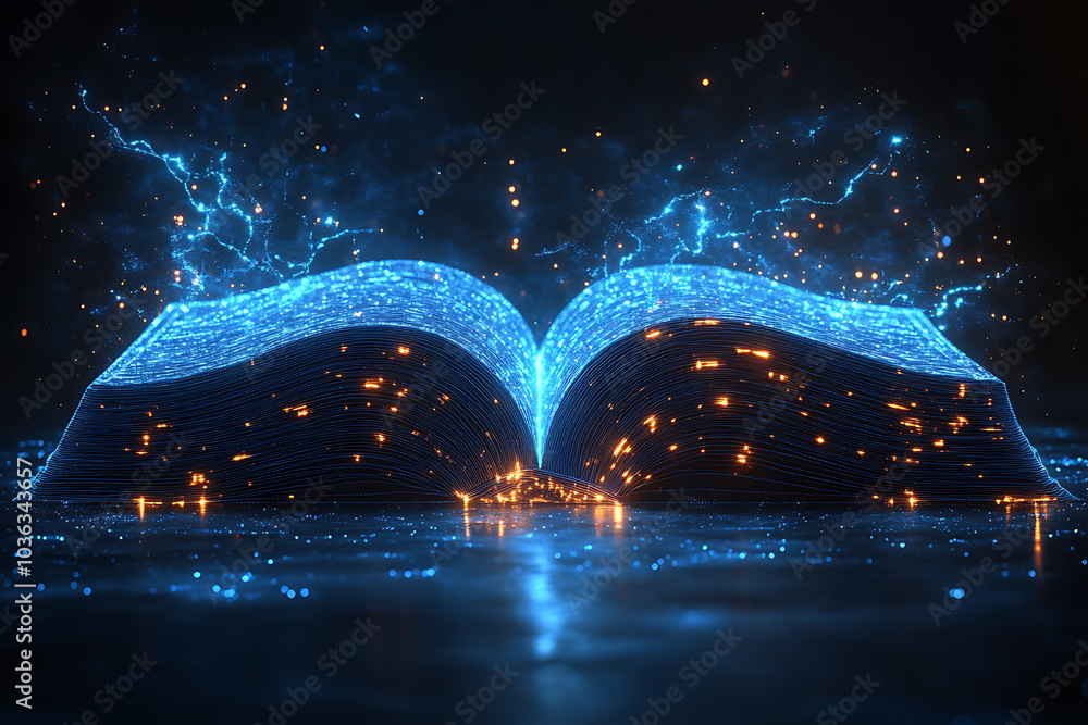 Poster open book in wireframe style with electric blue lightning on a dark blue background, creating a dyna