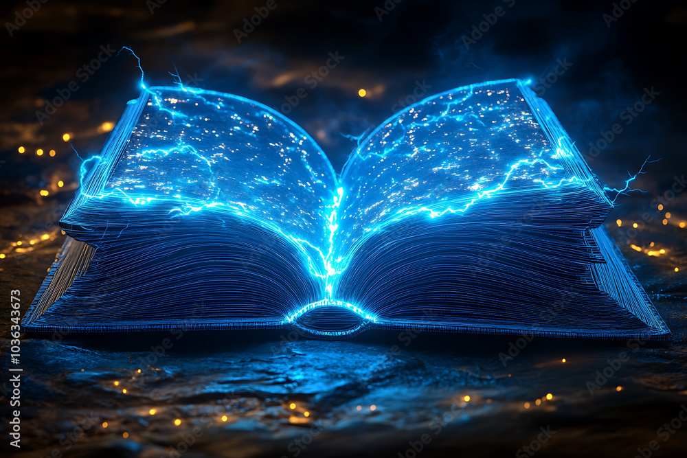 Poster open book in wireframe style with electric blue lightning on a dark blue background, creating a dyna