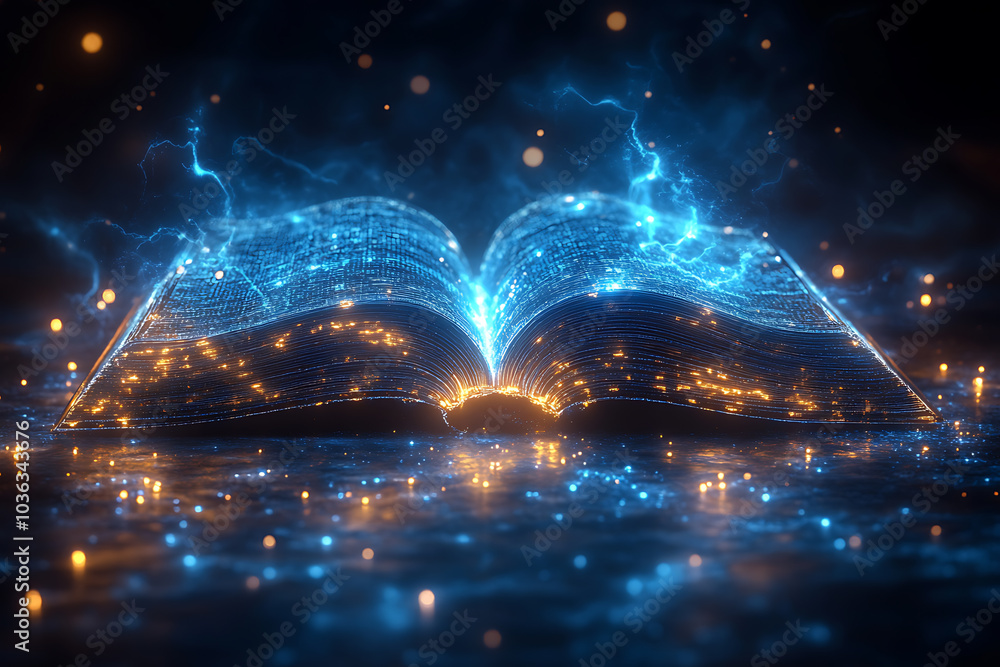 Poster open book in wireframe style with electric blue lightning on a dark blue background, creating a dyna