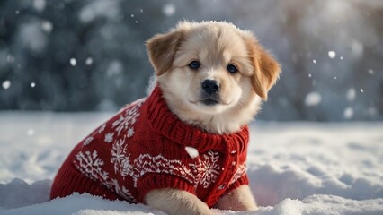 Adorable little puppy in a winter suit enjoying snowy moments, perfect for winter pet themes and heartwarming scenes.
