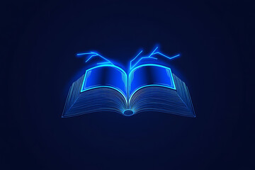 Open book in wireframe style with electric blue lightning on a dark blue background, creating a dynamic and futuristic effect.
