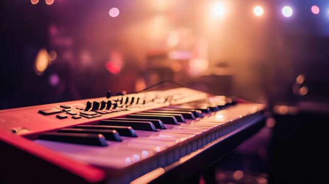 A close-up of a keyboard with a blurred background, suggesting a musical performance setting.