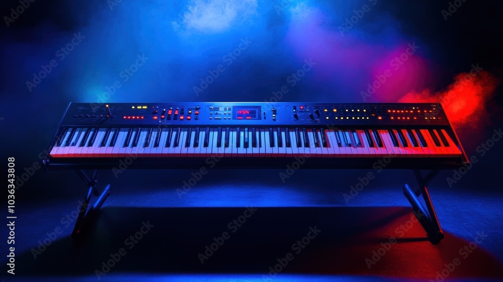 Poster a digital synthesizer keyboard illuminated with colorful lights, set against a smoky backdrop.