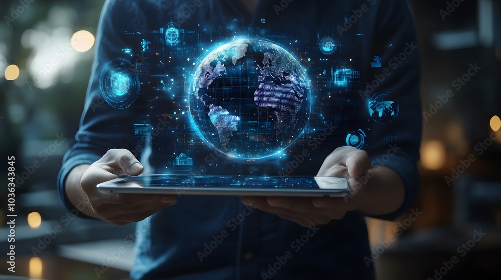 Poster man holding virtual globe with marketing network connecting icons on tablet. innovation technology d