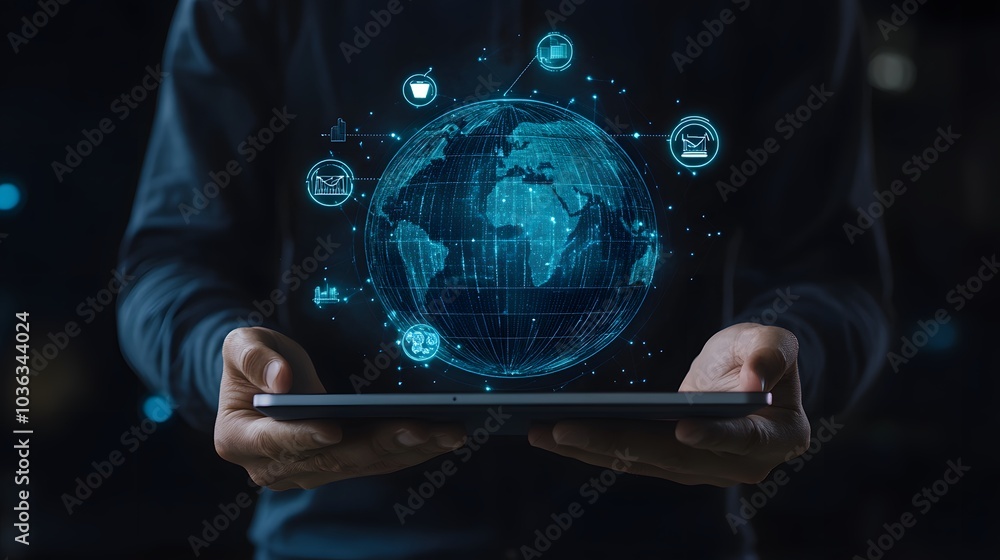 Poster man holding virtual globe with marketing network connecting icons on tablet. innovation technology d