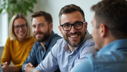 Fototapeta premium Group of people sitting around a conference table in a meeting room.