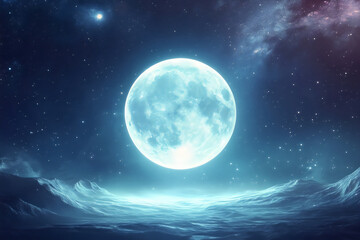Surreal giant blue moon shining over space mountains in starry night sky background for astronomy planet design concept