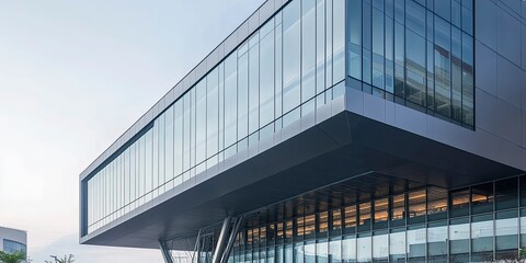 Fototapeta premium Modern Architectural Design: Aluminum Exterior Walls, Glass Curtain Facades, and Steel Roof Beams with Large Windows, Highlighting Abstract Textures and Reflective Surfaces