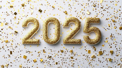 White backdrop with "2025" encircled by festive golden confetti.