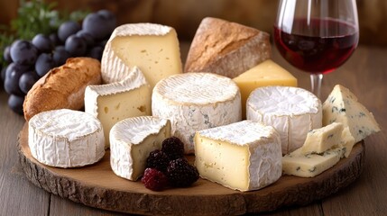 A beautiful arrangement of assorted French cheeses on a wooden platter, accompanied by a fresh baguette and a glass of fine red wine.