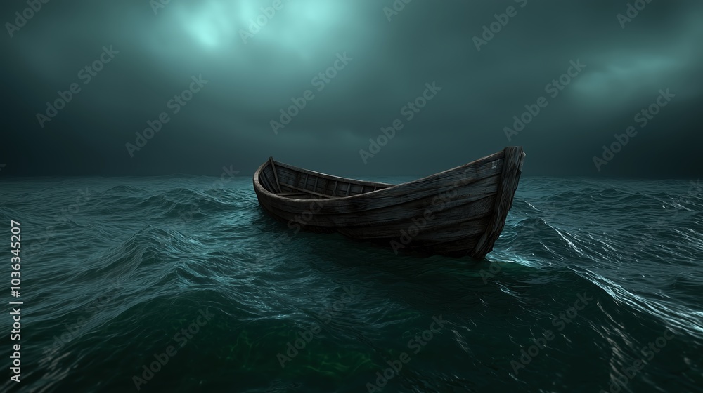 Poster boat is floating in the ocean with dark clouds in the background. scene is somber and mysterious