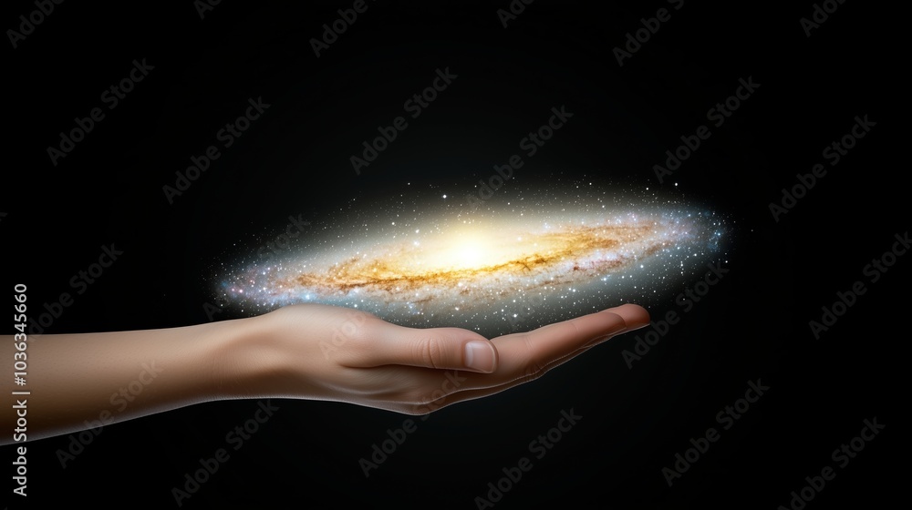 Poster hand holding a glowing object in a black background. the glowing object is a star or a planet. conce