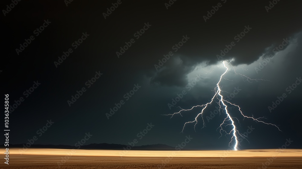 Poster lightning bolt strikes the ground in a desolate, empty field. the sky is dark and stormy, and the li