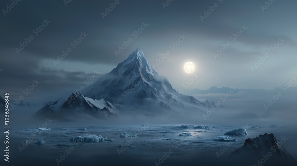 Poster mountain range with a large mountain in the background and a full moon in the sky. the sky is dark a