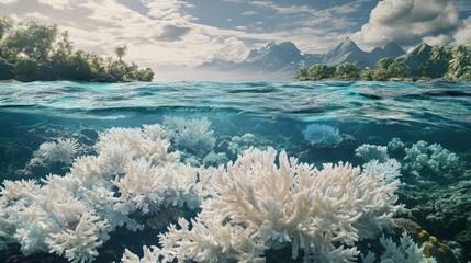 Naklejka premium Bleached Coral Reef Against Tropical Island Landscape
