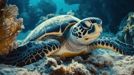 Fototapeta premium Sea Turtle Resting on Sandy Seabed