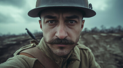 Obraz premium Old-Fashioned Selfie Soldier on 1914 Battlefield