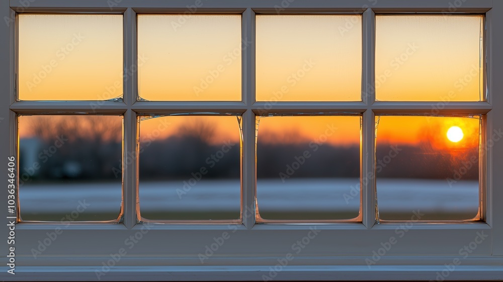Poster window with a view of a field and a sun setting. the sun is reflected in the window, creating a warm