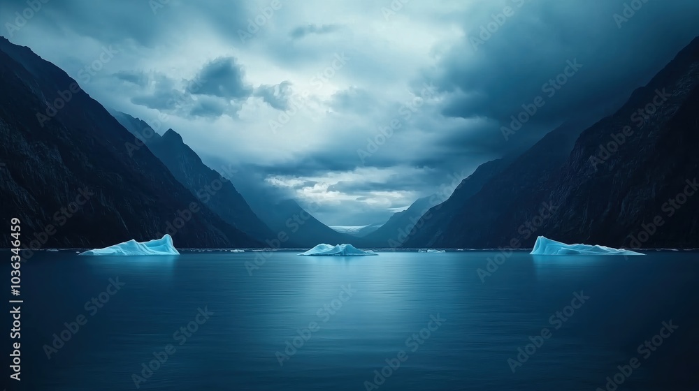 Poster beautiful blue ocean with three large icebergs floating in it. the sky is cloudy and the mood of the