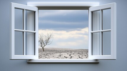 Window with a view of a field and a tree. The sky is cloudy and the view is somewhat bleak