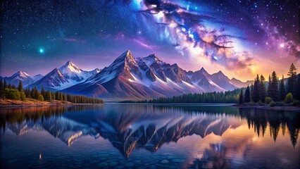 Naklejka premium A serene reflection of a majestic mountain range against a vibrant star-filled night sky, where the Milky Way creates a celestial tapestry above the tranquil waters.