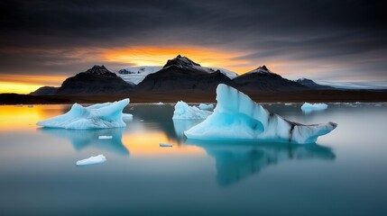 Obraz premium Beautiful scene of a lake with a large iceberg floating on it. The sun is setting, casting a warm glow on the ice and the water. Scene is serene and peaceful, as the stillness of the water