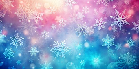 A  blustery winter scene with swirling snowflakes against a backdrop of vibrant blue and pink hues, illuminated by soft glowing lights.