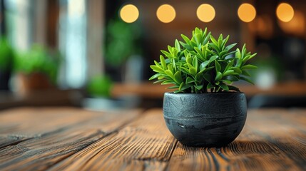 modern office with wooden table and green plant in black pot