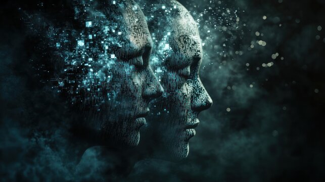 The face shattered into pixels symbolizes digital fragmentation and the impact of technology