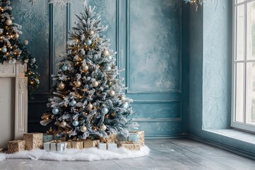 Classic blue themed snowy Christmas tree holiday backdrop.
