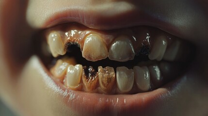 2408 5.A detailed view of a child&acirc;&euro;&trade;s teeth affected by cavities, with the decay showing as dark pits in the enamel. The child&acirc;&euro;&trade;s lips are parted wide, allowing a clear view of the dental issues.