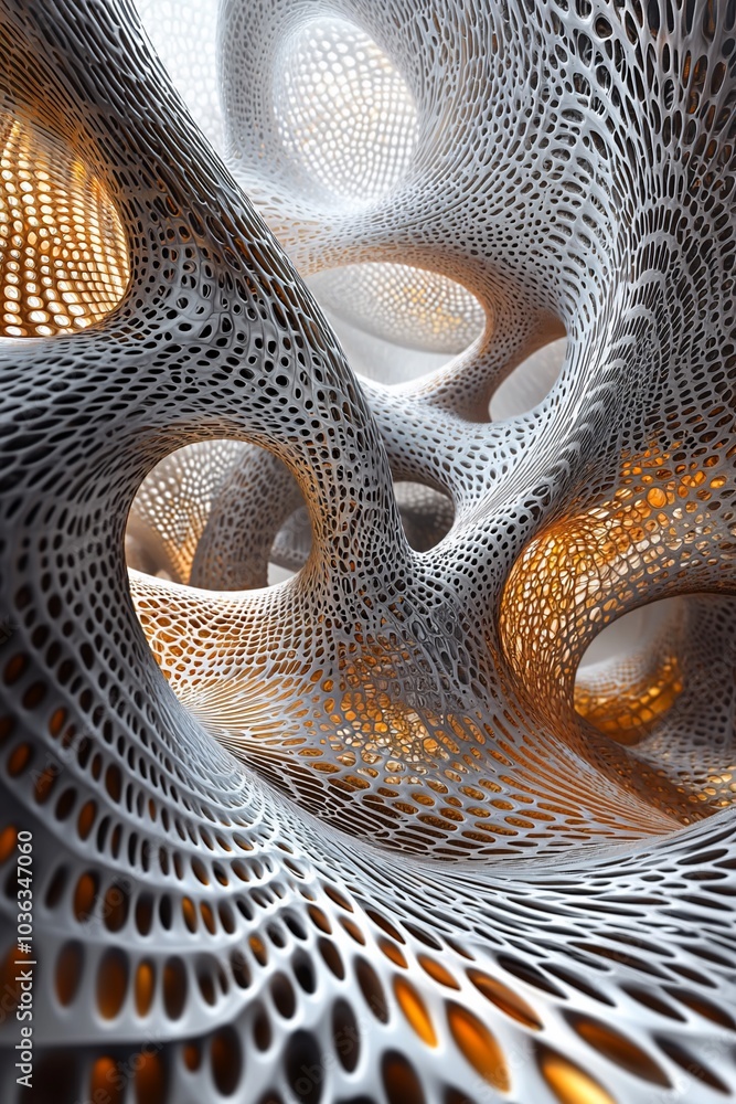 Fototapete abstract 3d rendering of a swirling, organic structure with honeycomb pattern and golden light.