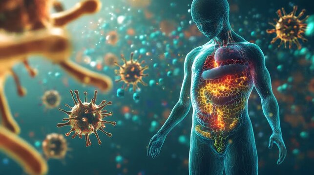 2408 95.A human figure shown in discomfort, with internal bacteria and toxins highlighted in the stomach and intestines, illustrating the symptoms of colic and food poisoning. The image emphasizes