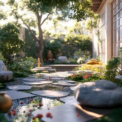 Tranquil Japanese Garden Pathway with Stone Stepping Stones and Lush Greenery