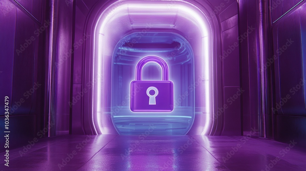 Poster a digital padlock icon in a futuristic setting, ideal for highlighting secure systems and data prote