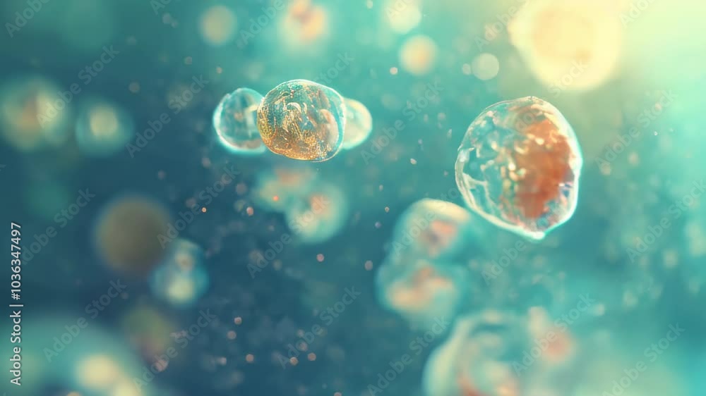 Poster floating transparent cells exhibit intricate structures and vibrant colors against a luminous backdr