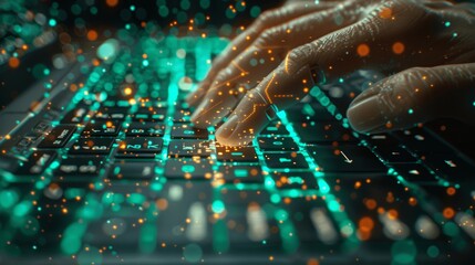 AI Robot Hand Touching Laptop Keyboard Digital Technology Concept