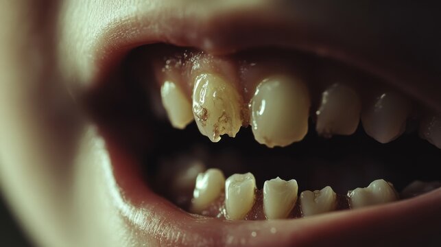 2408 3.A close-up shot of a childs teeth showing significant decay, with cavities forming darkened holes in the enamel. The childâ€™s mouth is open, and the focus is on the deteriorating condition of