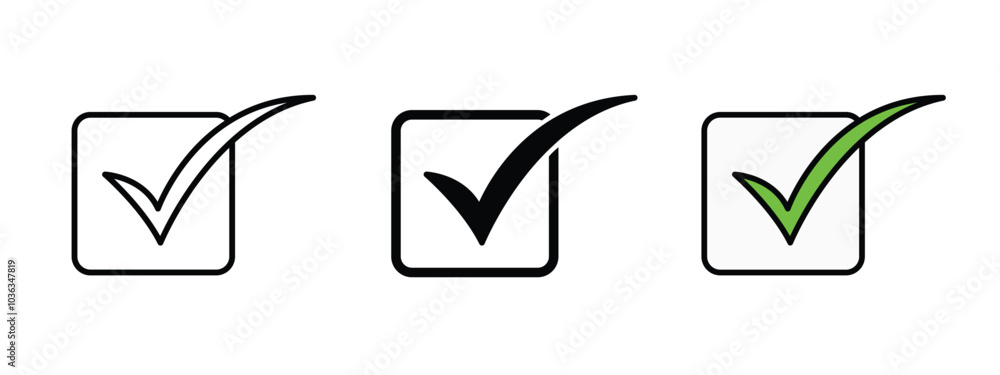 Poster checkmark icon in outline, silhouette amd editable colors. all icons are in fully editable unexpande